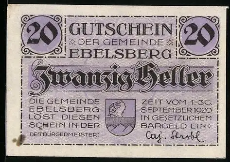 Notgeld Ebelsberg 1920, 20 Heller, Schlossansicht und Wappen, Sept. 1920 gültig