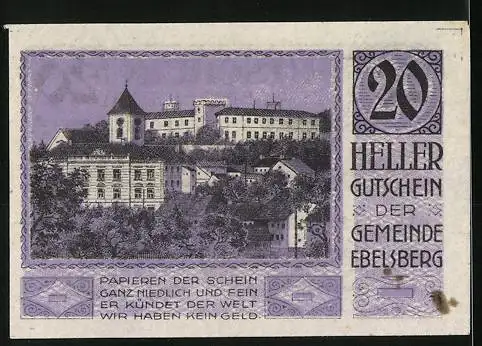 Notgeld Ebelsberg 1920, 20 Heller, Schlossansicht und Wappen, Sept. 1920 gültig