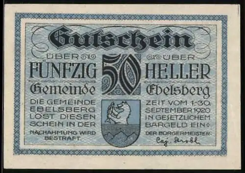 Notgeld Ebelsberg 1920, 50 Heller, Wappen und Stadtansicht von 1677