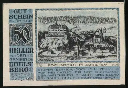 Notgeld Ebelsberg 1920, 50 Heller, Wappen und Stadtansicht von 1677