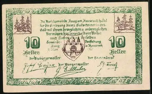 Notgeld Haag am Hausruck, 10 Heller, Stadttor und Kirche, Wappen und Signaturen