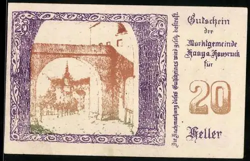 Notgeld Haag am Hausruck 1920, 20 Heller, Stadttor mit Kirche, Wappen und Signaturen