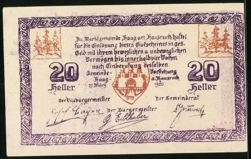 Notgeld Haag am Hausruck 1920, 20 Heller, Stadttor mit Kirche, Wappen und Signaturen