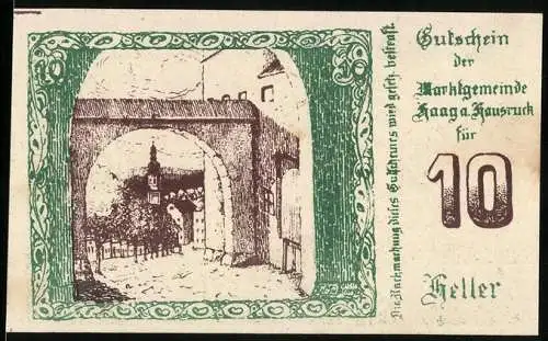 Notgeld Haag am Hausruck 1920, 10 Heller, Torbogen-Ansicht und Wappen mit Bäumen