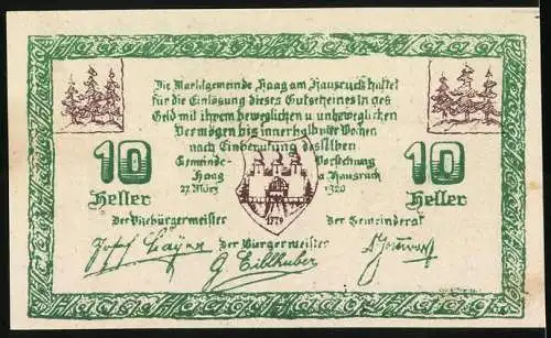 Notgeld Haag am Hausruck 1920, 10 Heller, Torbogen-Ansicht und Wappen mit Bäumen