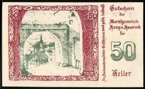 Notgeld Haag 1920, 50 Heller, Stadttor und Kirche, Wappen und Signaturen