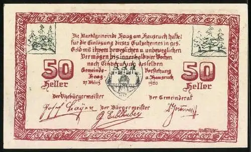 Notgeld Haag 1920, 50 Heller, Stadttor und Kirche, Wappen und Signaturen