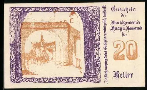 Notgeld Haag am Hausruck 1920, 20 Heller, Stadttor und Wappen mit Bäumen