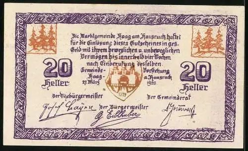 Notgeld Haag am Hausruck 1920, 20 Heller, Stadttor und Wappen mit Bäumen