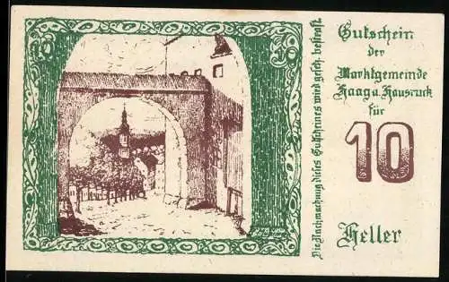 Notgeld Haag am Hausruck 1920, 10 Heller, Stadttor und Wappen mit Bäumen und Kirche