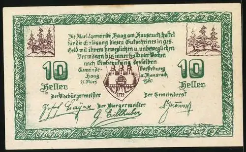 Notgeld Haag am Hausruck 1920, 10 Heller, Stadttor und Wappen mit Bäumen und Kirche