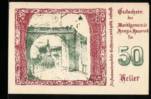 Notgeld Haag 1920, 50 Heller, Stadttor-Motiv mit Wappen und Signaturen