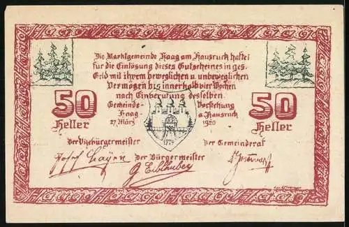 Notgeld Haag 1920, 50 Heller, Stadttor-Motiv mit Wappen und Signaturen