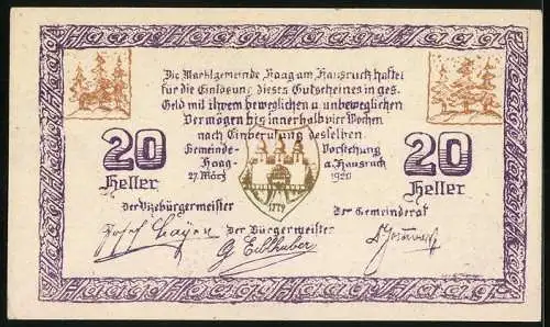 Notgeld Haag am Hausruck 1920, 20 Heller, Stadttor und Kirchturm, Wappen und Signaturen