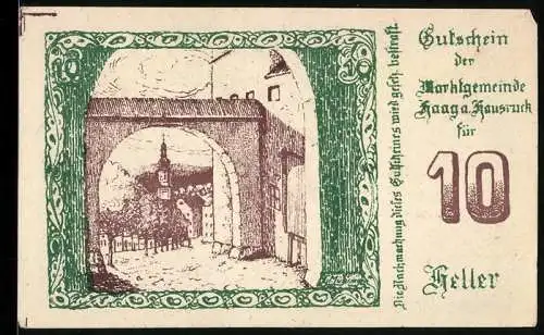 Notgeld Haag am Hausruck 1920, 10 Heller, Stadttor und Kirche, Wappen und Unterschriften