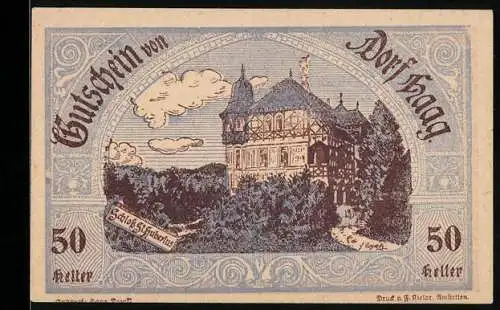 Notgeld Haag 1920, 50 Heller, Schloss St. Hubertus und Gasthausillustration