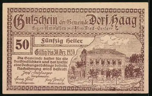 Notgeld Haag 1920, 50 Heller, Schloss St. Hubertus und Gasthausillustration