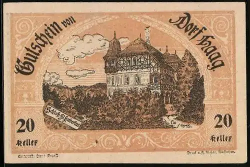 Notgeld Haag 1920, 20 Heller, Schloss St. Hubertus und Gasthaus Josef Datzberger