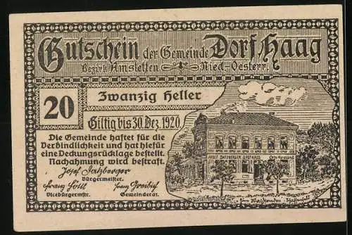 Notgeld Haag 1920, 20 Heller, Schloss St. Hubertus und Gasthaus Josef Datzberger