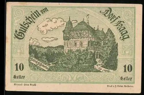 Notgeld Haag 1920, 10 Heller, Schloss und Gasthausmotive