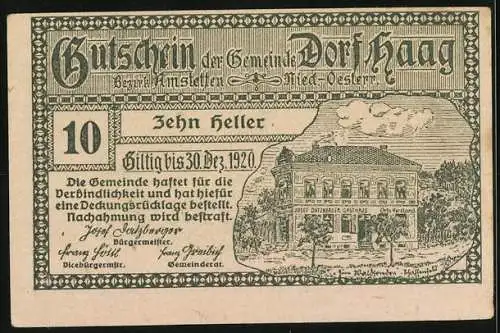 Notgeld Haag 1920, 10 Heller, Schloss und Gasthausmotive