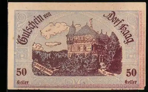 Notgeld Haag 1920, 50 Heller, Schloss St. Hubertus und Gebäudeansicht