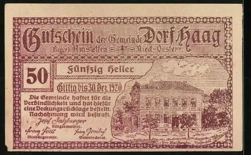 Notgeld Haag 1920, 50 Heller, Schloss St. Hubertus und Gebäudeansicht