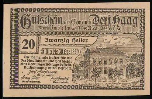 Notgeld Haag 1920, 20 Heller, Gasthaus und Schloss St. Hubertus