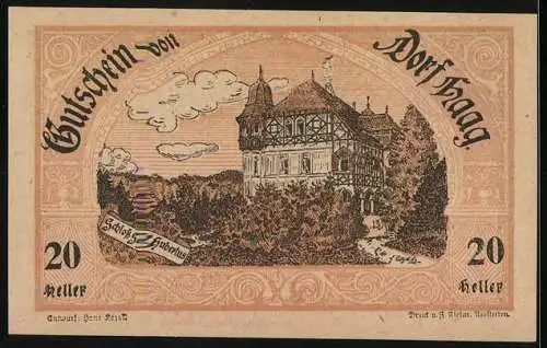 Notgeld Haag 1920, 20 Heller, Gasthaus und Schloss St. Hubertus