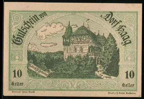 Notgeld Haag 1920, 10 Heller, Schloss und Gasthaus - Motiv, gültig bis 30. März 1920