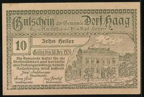 Notgeld Haag 1920, 10 Heller, Schloss und Gasthaus - Motiv, gültig bis 30. März 1920