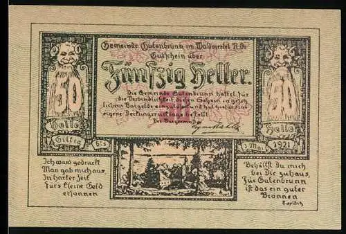 Notgeld Gutenbrunn 1921, 50 Heller, Landschaft und Verse, Seriennummer 635, Wappen und Ziegenmotiv