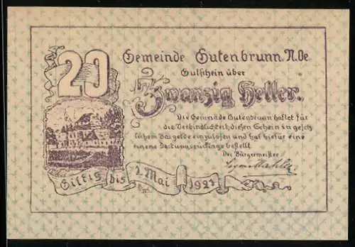 Notgeld Gutenbrunn 1921, 20 Heller, Gebäudeillustration und dekorative Schriftzüge