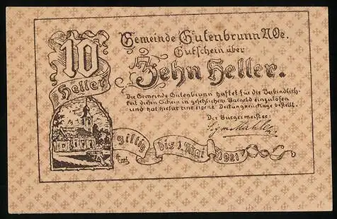 Notgeld Gutenbrunn 1920, 10 Heller, Gemeindegebäude und Verzierungsmuster