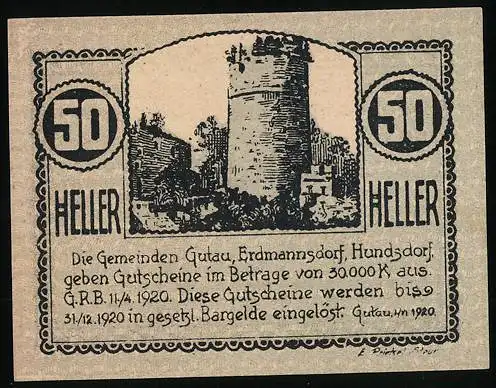 Notgeld Gutau 1920, 50 Heller, Burgturm-Motiv