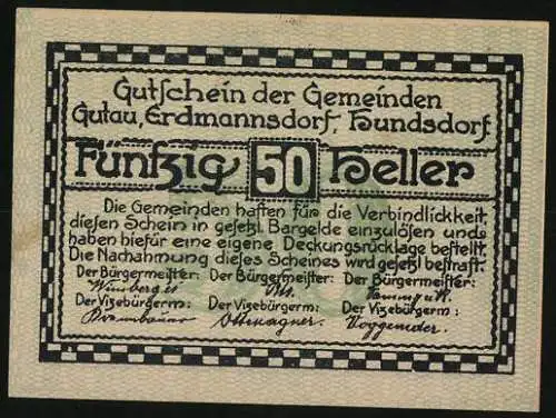 Notgeld Gutau 1920, 50 Heller, Burgturm-Motiv