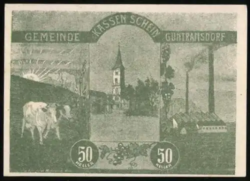 Notgeld Guntramsdorf 1920, 50 Heller, Kirche und Kühe, mit Wappen und Unterschriften