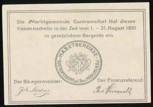 Notgeld Guntramsdorf 1920, 50 Heller, Kirche und Kühe, mit Wappen und Unterschriften