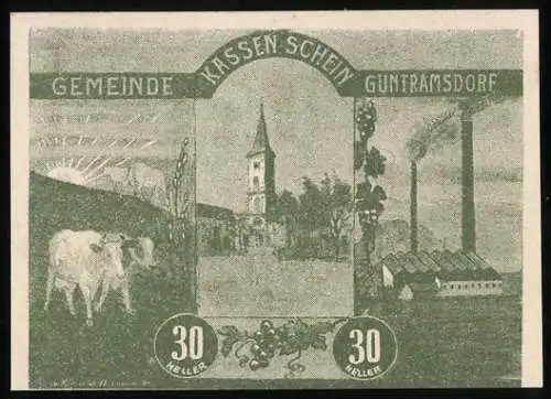 Notgeld Guntramsdorf 1920, 30 Heller, Kirche mit Landschaft und Fabrik, Wappen der Marktgemeinde