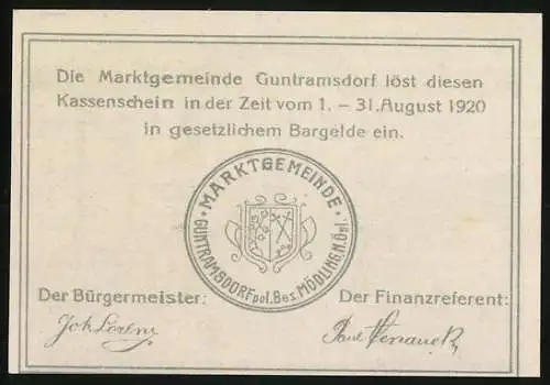 Notgeld Guntramsdorf 1920, 30 Heller, Kirche mit Landschaft und Fabrik, Wappen der Marktgemeinde