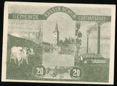 Notgeld Guntramsdorf 1920, 20 Heller, Kirche, Fabrik, weidende Kühe, Ortswappen