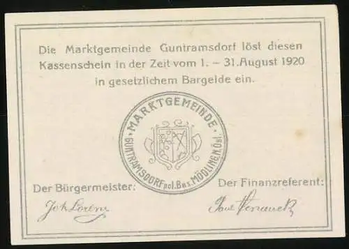 Notgeld Guntramsdorf 1920, 20 Heller, Kirche, Fabrik, weidende Kühe, Ortswappen