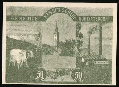 Notgeld Guntramsdorf 1920, 50 Heller, Kirche, Kühe und Fabrik, mit Wappen der Marktgemeinde