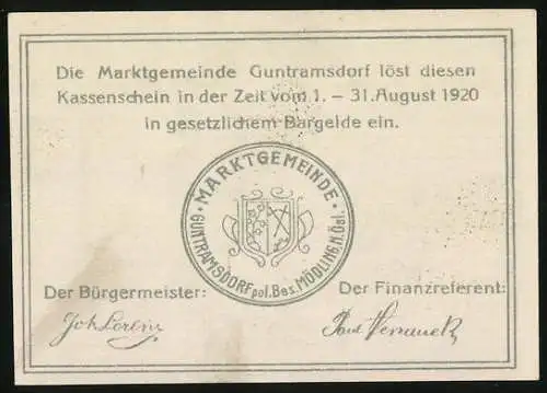 Notgeld Guntramsdorf 1920, 50 Heller, Kirche, Kühe und Fabrik, mit Wappen der Marktgemeinde