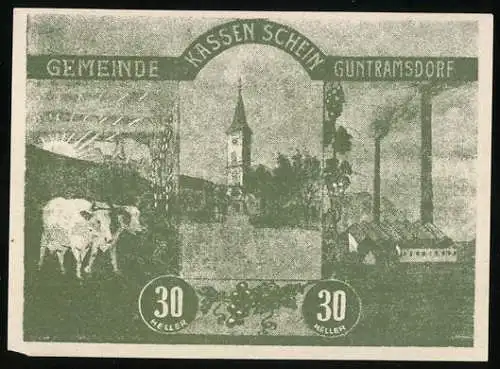 Notgeld Guntramsdorf 1920, 30 Heller, Kirche, Kühe und Fabrik, mit Wappen der Marktgemeinde