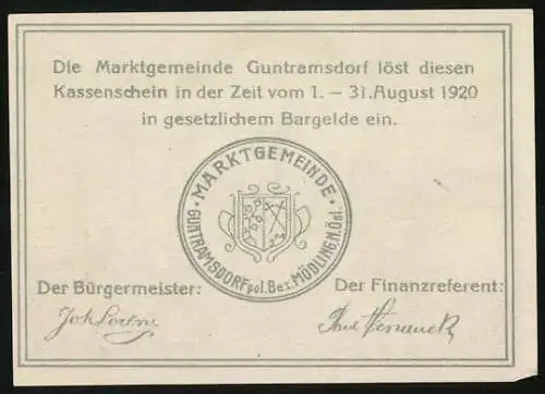 Notgeld Guntramsdorf 1920, 30 Heller, Kirche, Kühe und Fabrik, mit Wappen der Marktgemeinde