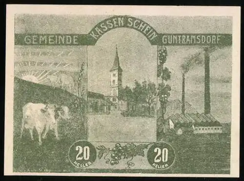 Notgeld Guntramsdorf 1920, 20 Heller, Kirchturm, Kuh und Fabrikszene, Wappen und Unterschriften