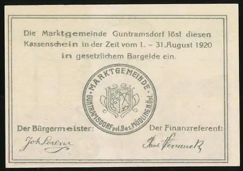 Notgeld Guntramsdorf 1920, 20 Heller, Kirchturm, Kuh und Fabrikszene, Wappen und Unterschriften