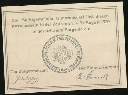 Notgeld Guntramsdorf 1920, 50 Heller, Kirche und Industrie, Gemeinde Siegel