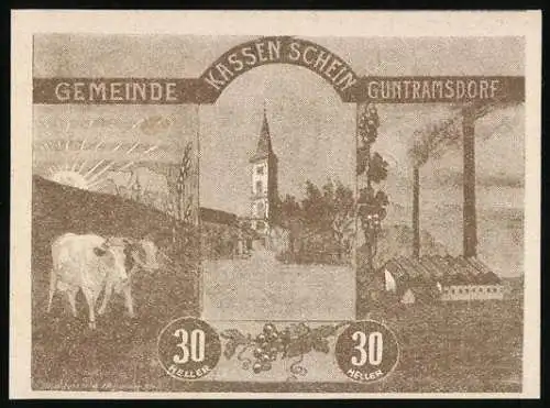 Notgeld Guntramsdorf 1920, 30 Heller, Kühe, Kirche und Fabrik, mit Wappen und Unterschriften